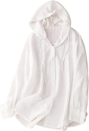 Womens Cotton Linen Hoodie Tops UPF 50  Sun Protection Shirts Long Sleeve Button Down Beach Shirt Blouses Cover up