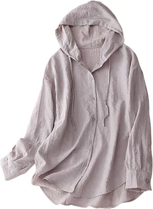 Womens Cotton Linen Hoodie Tops UPF 50  Sun Protection Shirts Long Sleeve Button Down Beach Shirt Blouses Cover up