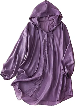 Womens Cotton Linen Hoodie Tops,Summer Fashion Hooded Long Sleeve Shirts Button Down Blouses for Women Dressy Casual