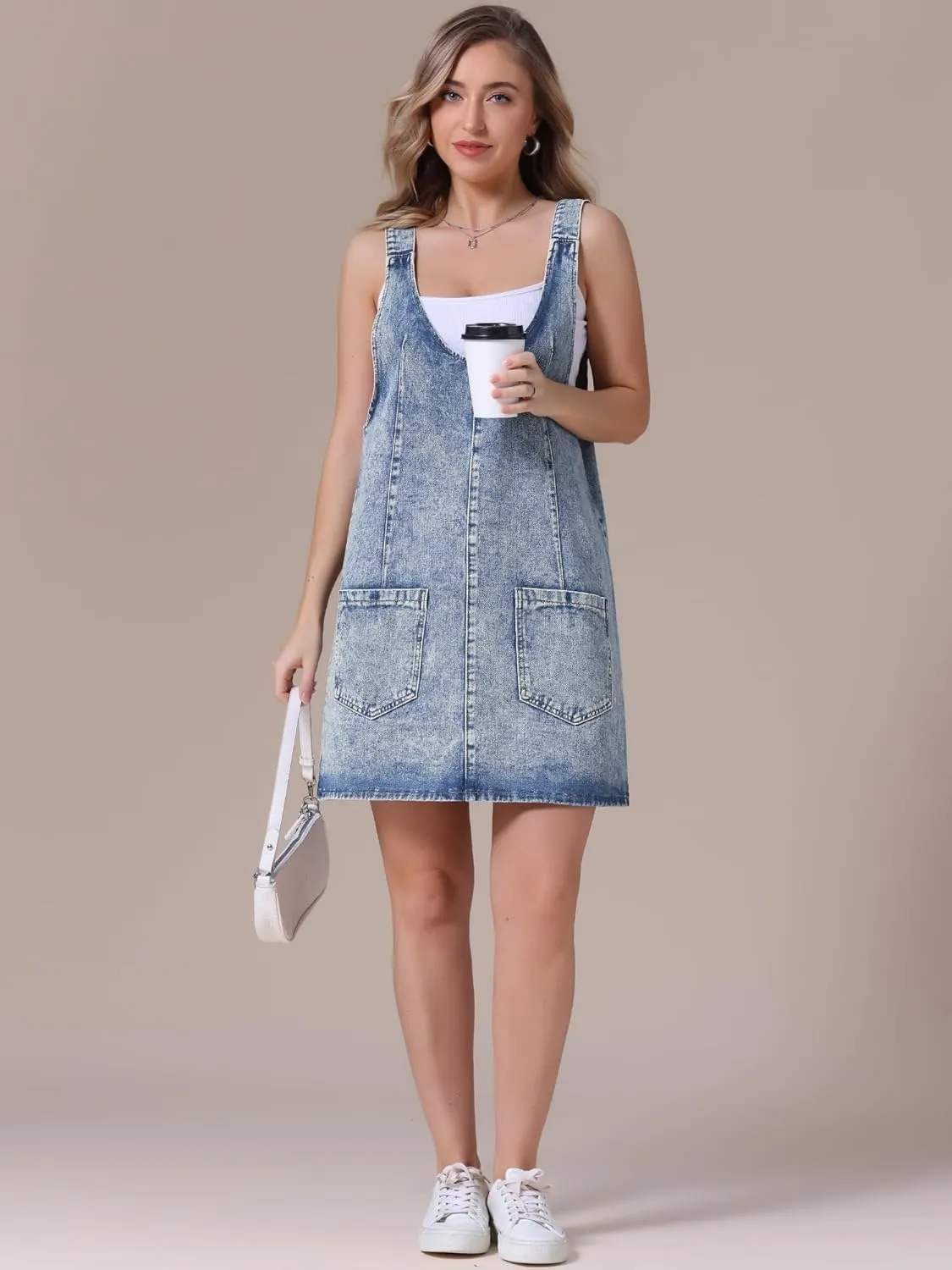 Women's Denim Overalls Roller Romper Loose Casual Sleeveless Pinafore Mini Dresses