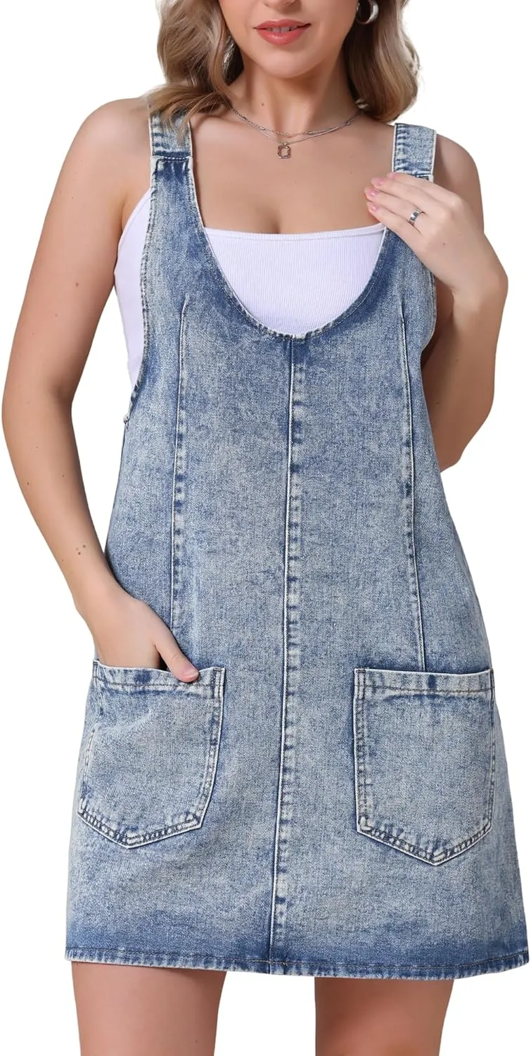 Women's Denim Overalls Roller Romper Loose Casual Sleeveless Pinafore Mini Dresses