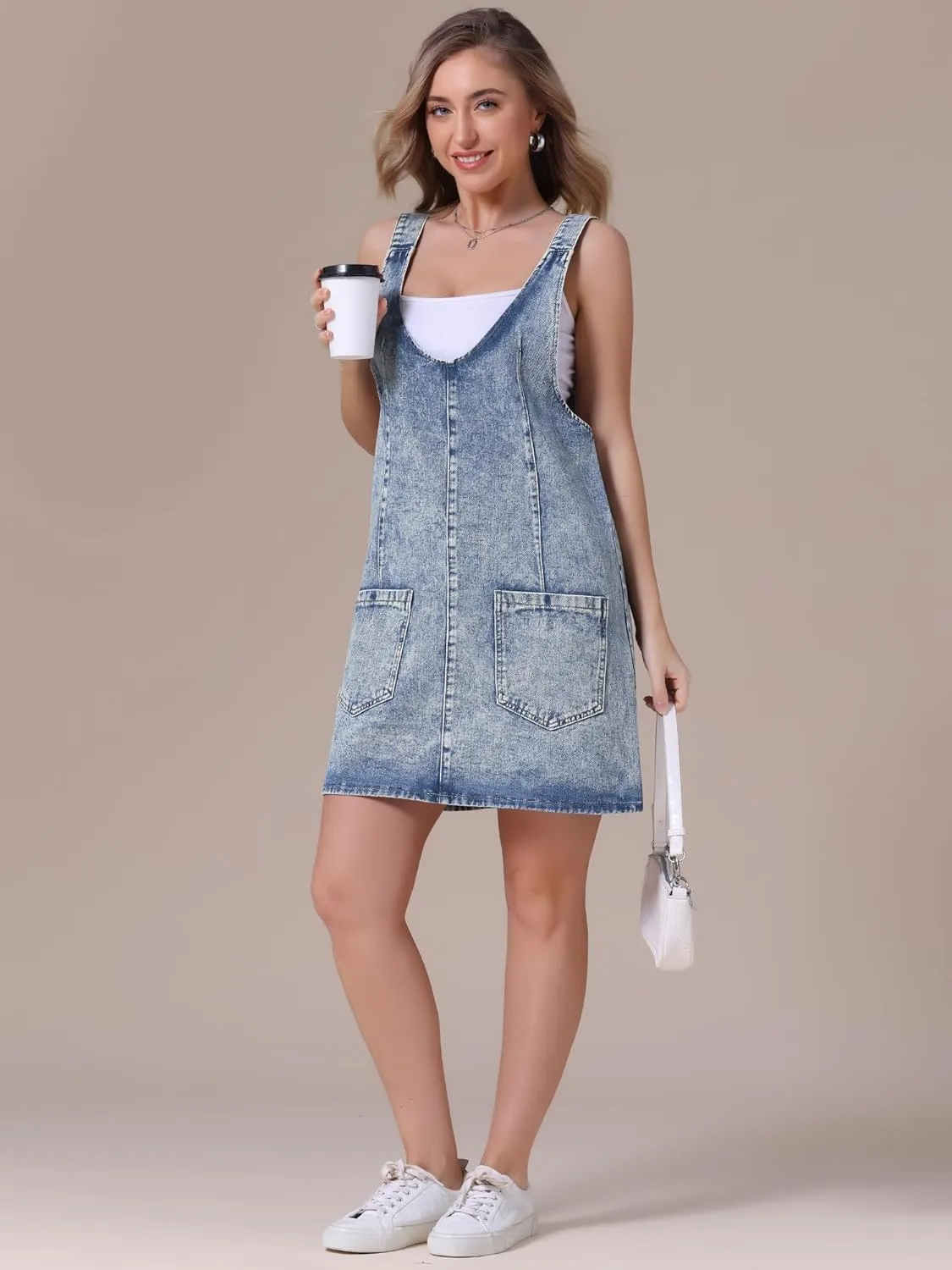 Women's Denim Overalls Roller Romper Loose Casual Sleeveless Pinafore Mini Dresses