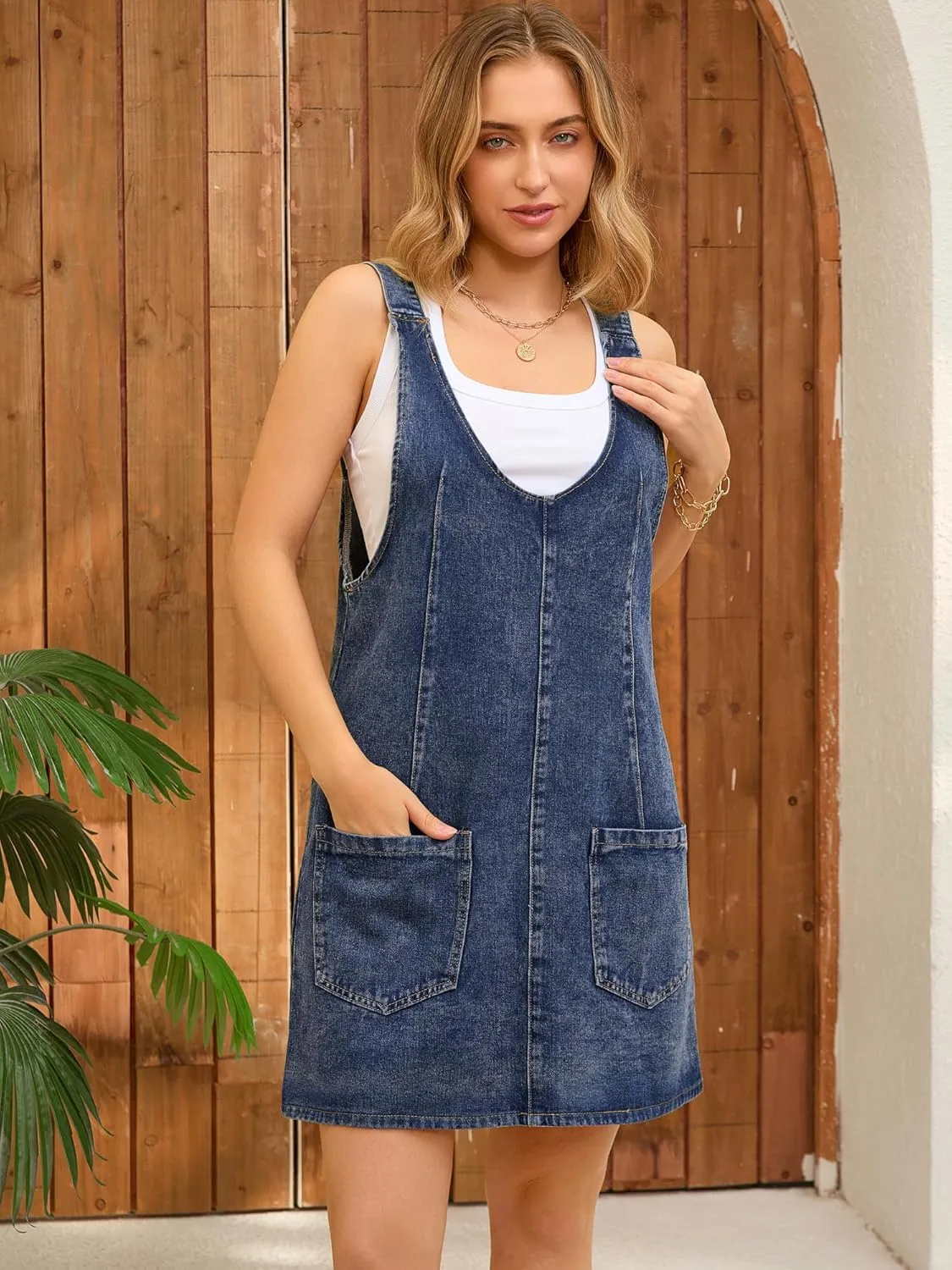 Women's Denim Overalls Roller Romper Loose Casual Sleeveless Pinafore Mini Dresses