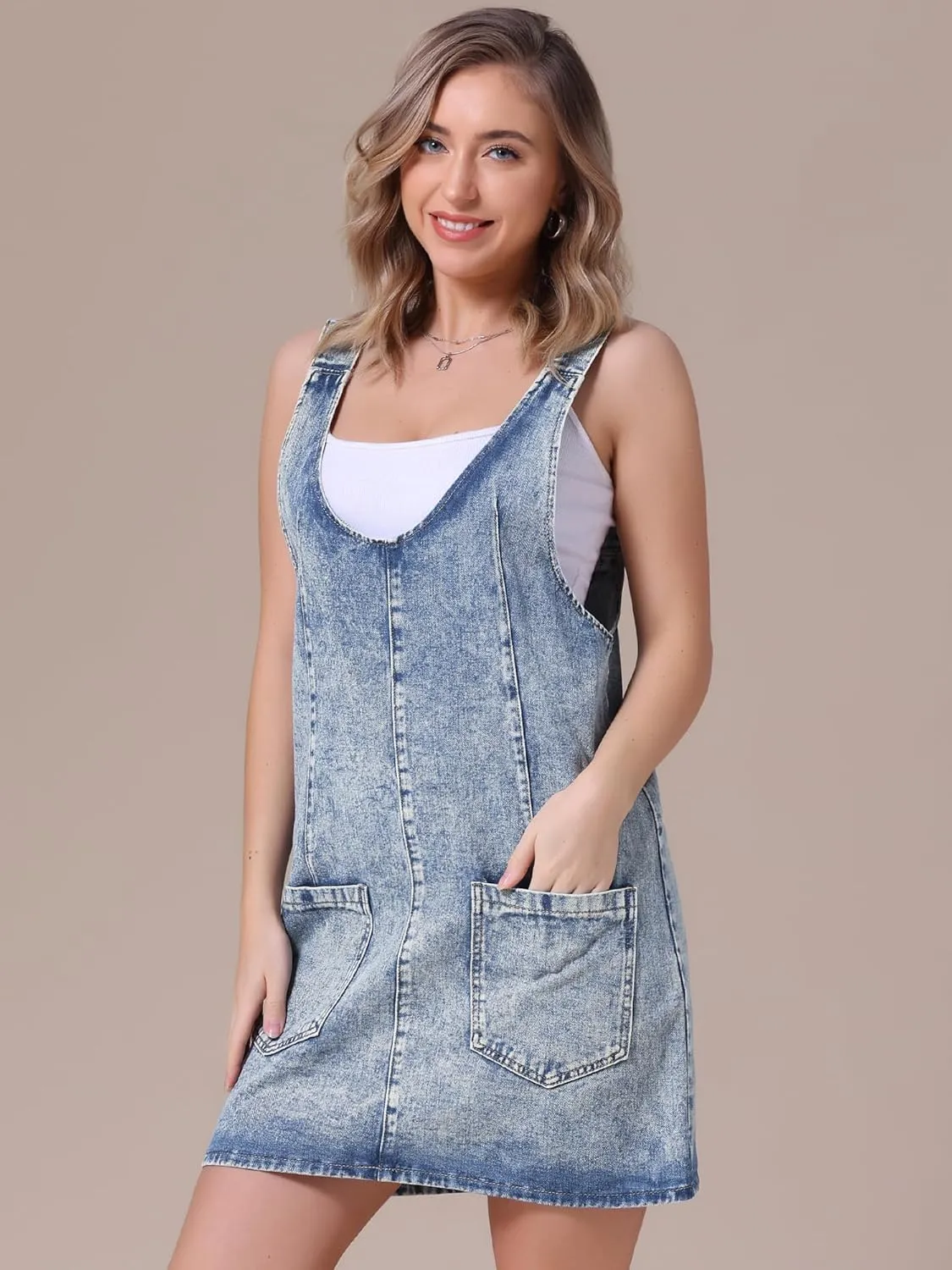 Women's Denim Overalls Roller Romper Loose Casual Sleeveless Pinafore Mini Dresses