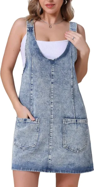 Women's Denim Overalls Roller Romper Loose Casual Sleeveless Pinafore Mini Dresses