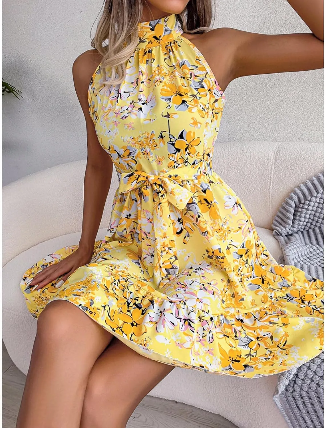 Womens Floral Mini Dress Boho Summer Swing Trendy Ruffle Sleeveless Sexy Flutter Flowy Beach Vacation Sundresses