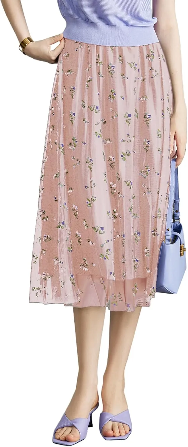 Women's High Waisted Floral Print Mesh Midi Skirt with Elastic Waistband