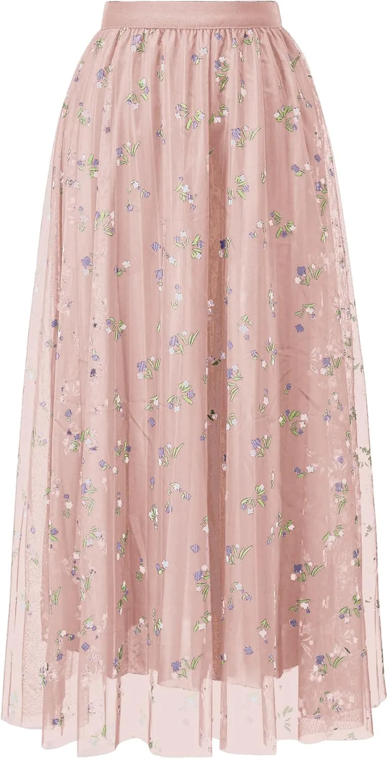 Women's High Waisted Floral Print Mesh Midi Skirt with Elastic Waistband