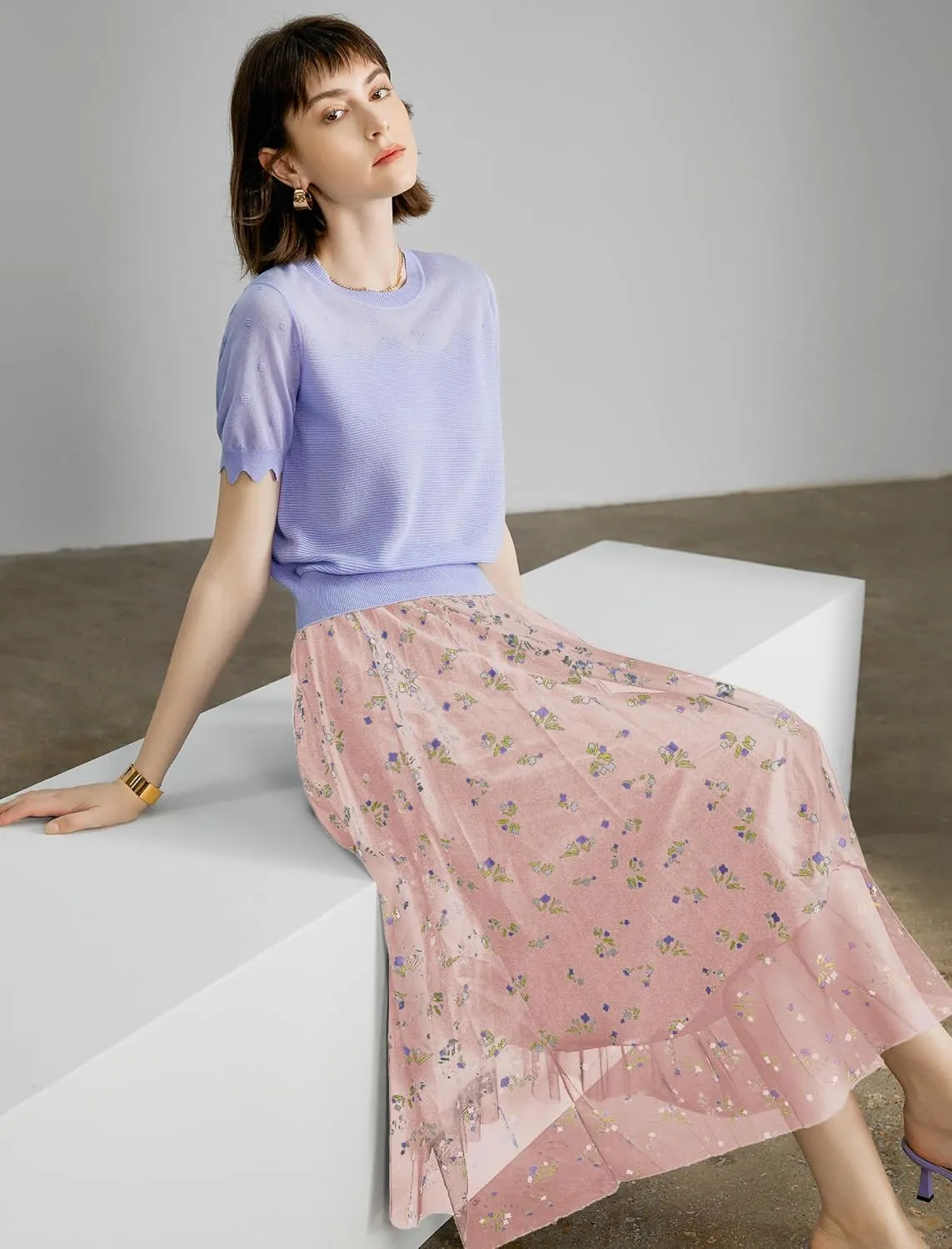 Women's High Waisted Floral Print Mesh Midi Skirt with Elastic Waistband