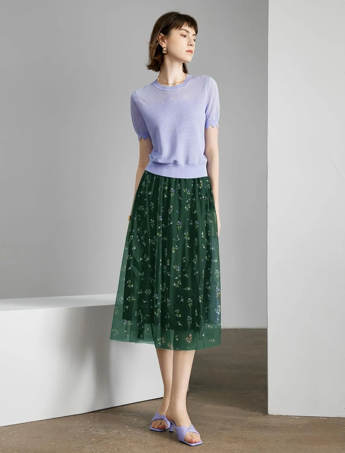 Women's High Waisted Floral Print Mesh Midi Skirt with Elastic Waistband