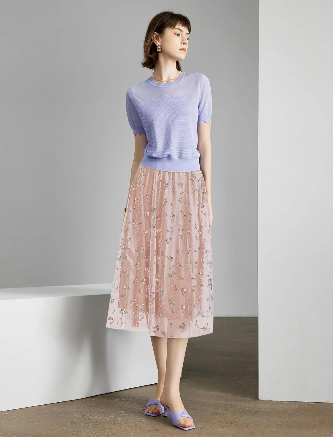 Women's High Waisted Floral Print Mesh Midi Skirt with Elastic Waistband