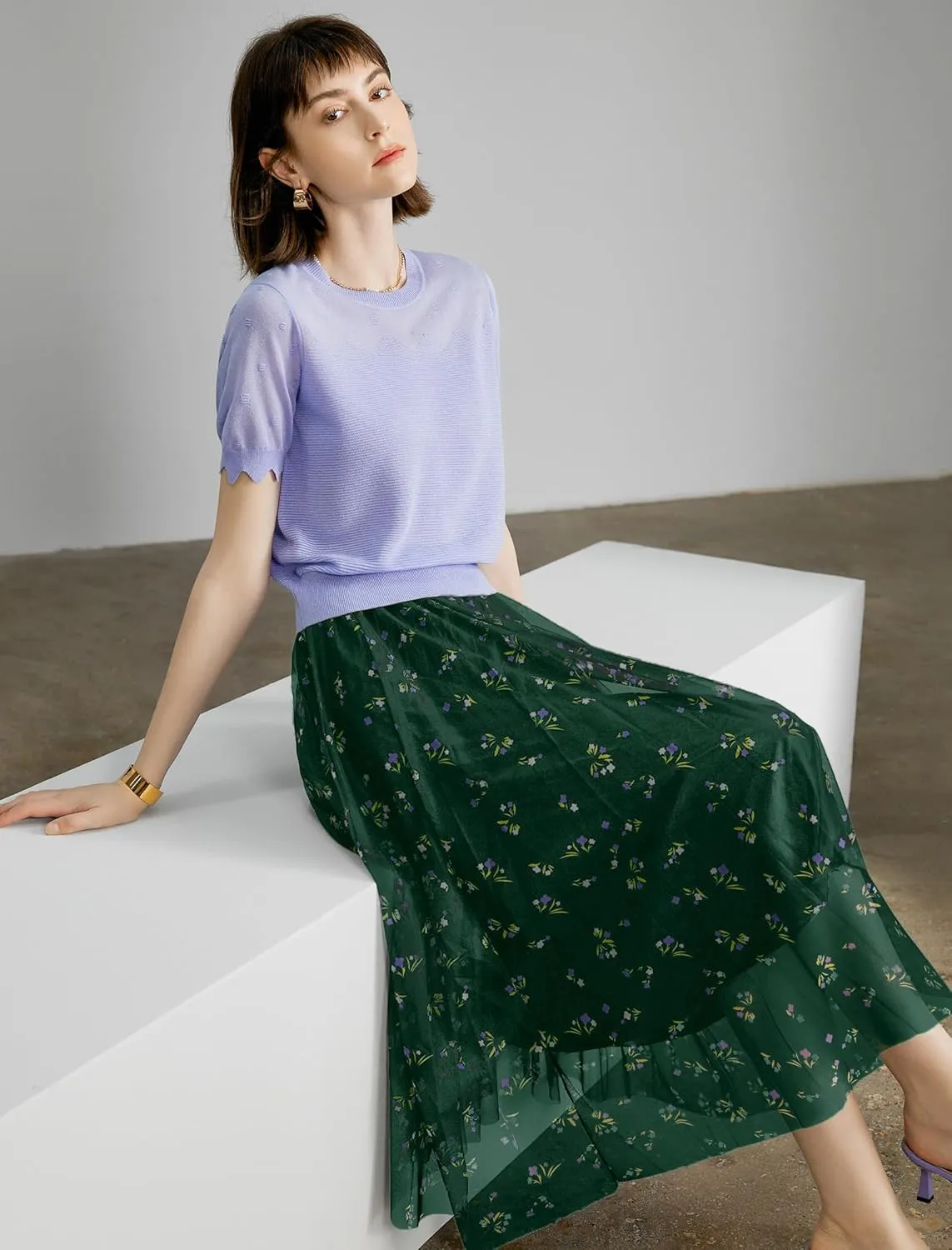 Women's High Waisted Floral Print Mesh Midi Skirt with Elastic Waistband