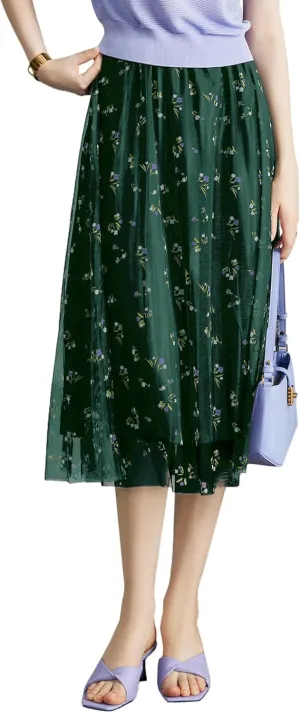 Women's High Waisted Floral Print Mesh Midi Skirt with Elastic Waistband