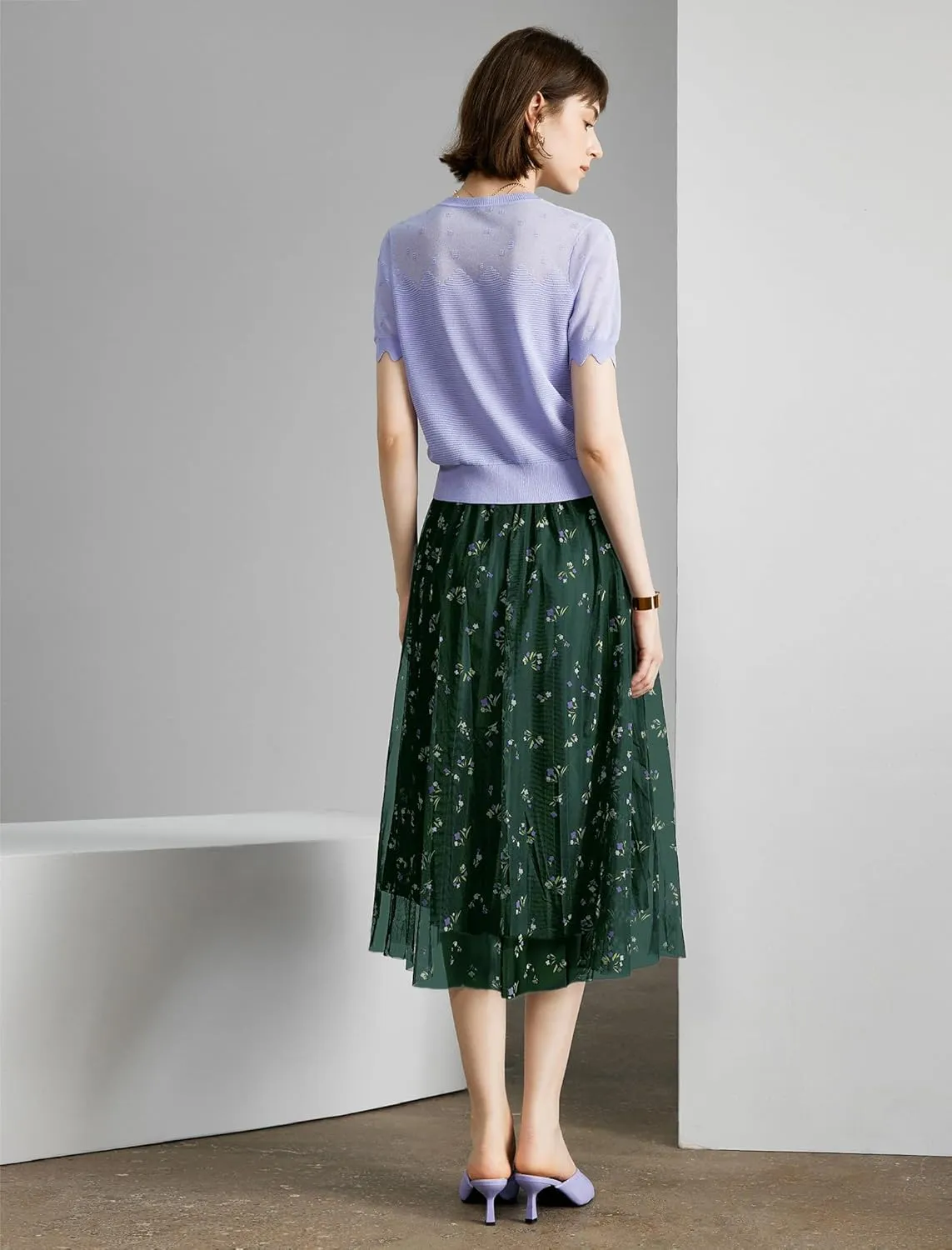 Women's High Waisted Floral Print Mesh Midi Skirt with Elastic Waistband