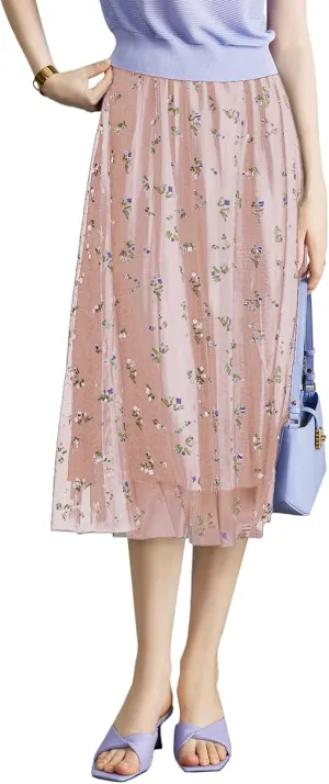 Women's High Waisted Floral Print Mesh Midi Skirt with Elastic Waistband
