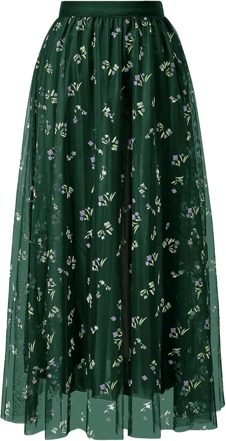 Women's High Waisted Floral Print Mesh Midi Skirt with Elastic Waistband