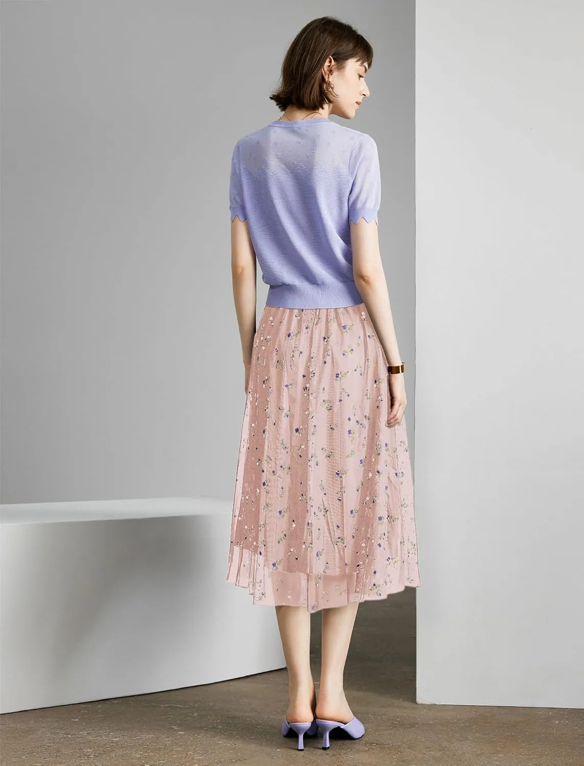 Women's High Waisted Floral Print Mesh Midi Skirt with Elastic Waistband