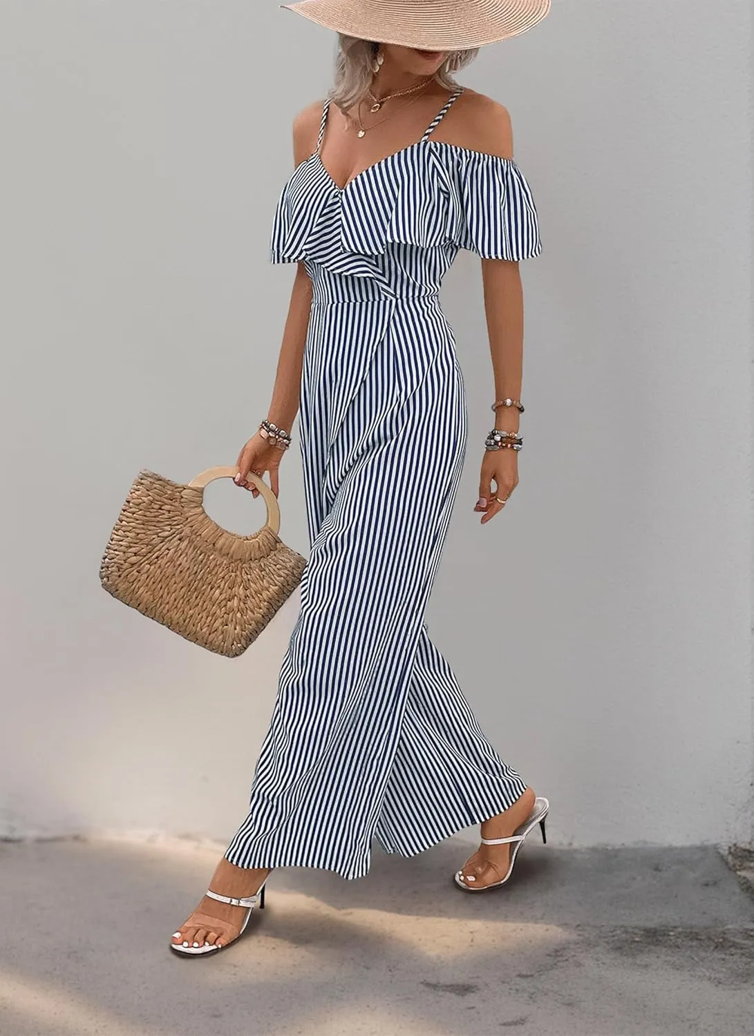 Women's Loose Fresh Striped Print Strapless One Piece Jumpsuits Comfy Sleeveless Outfits Casual 2025 Summer Long Pants