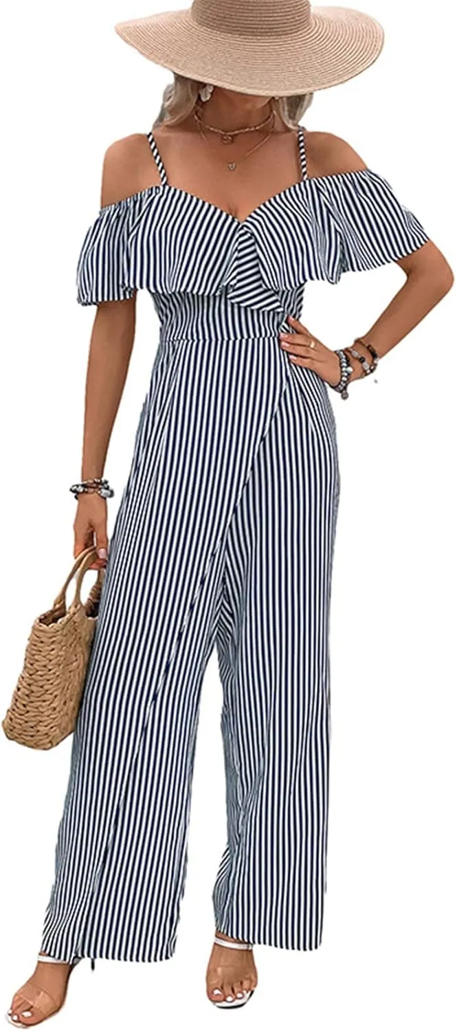Women's Loose Fresh Striped Print Strapless One Piece Jumpsuits Comfy Sleeveless Outfits Casual 2025 Summer Long Pants