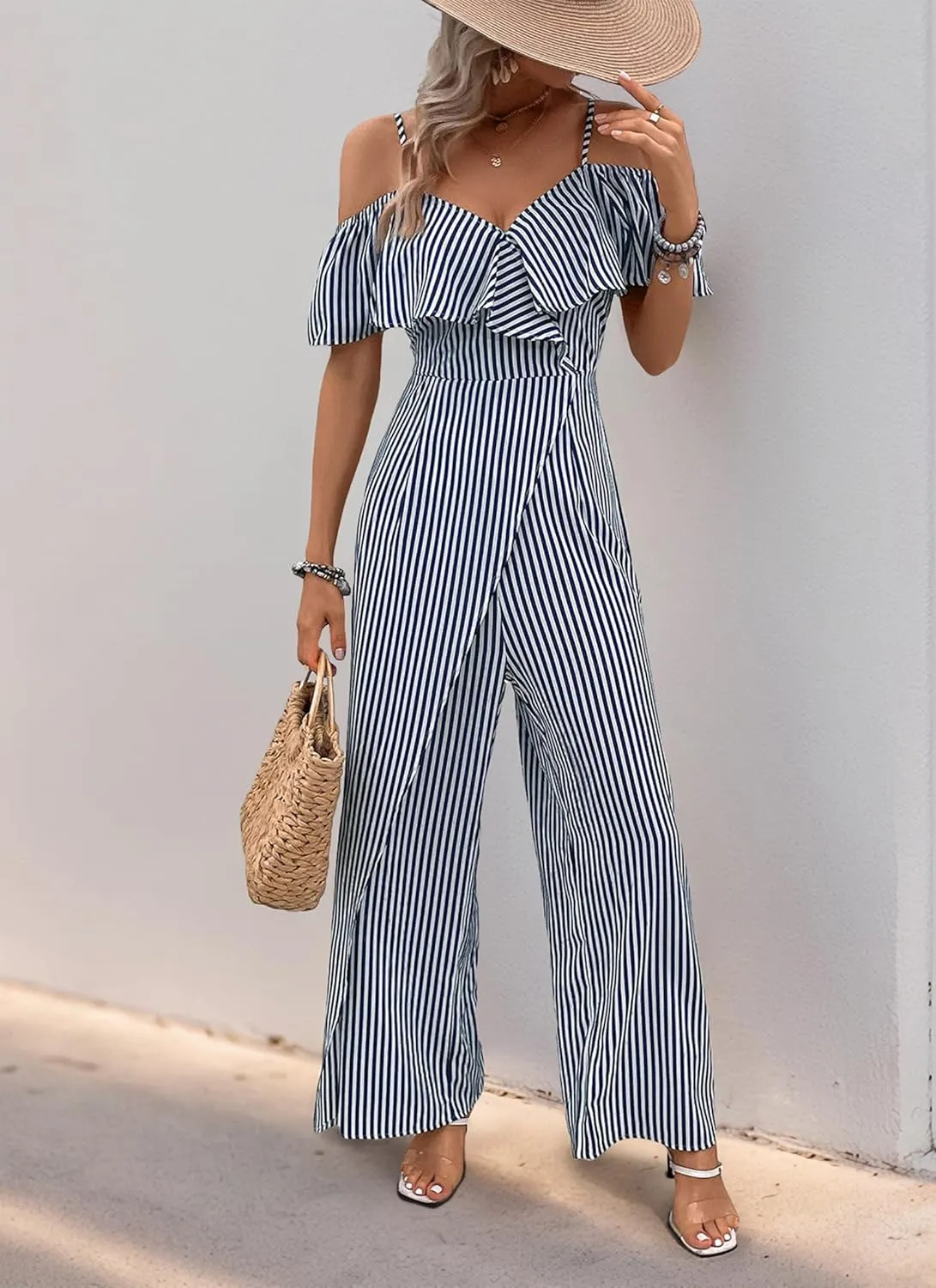 Women's Loose Fresh Striped Print Strapless One Piece Jumpsuits Comfy Sleeveless Outfits Casual 2025 Summer Long Pants
