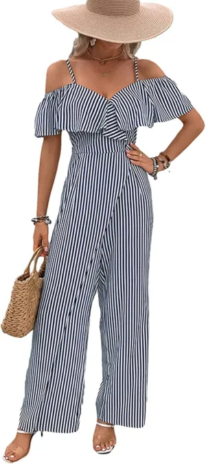 Women's Loose Fresh Striped Print Strapless One Piece Jumpsuits Comfy Sleeveless Outfits Casual 2025 Summer Long Pants