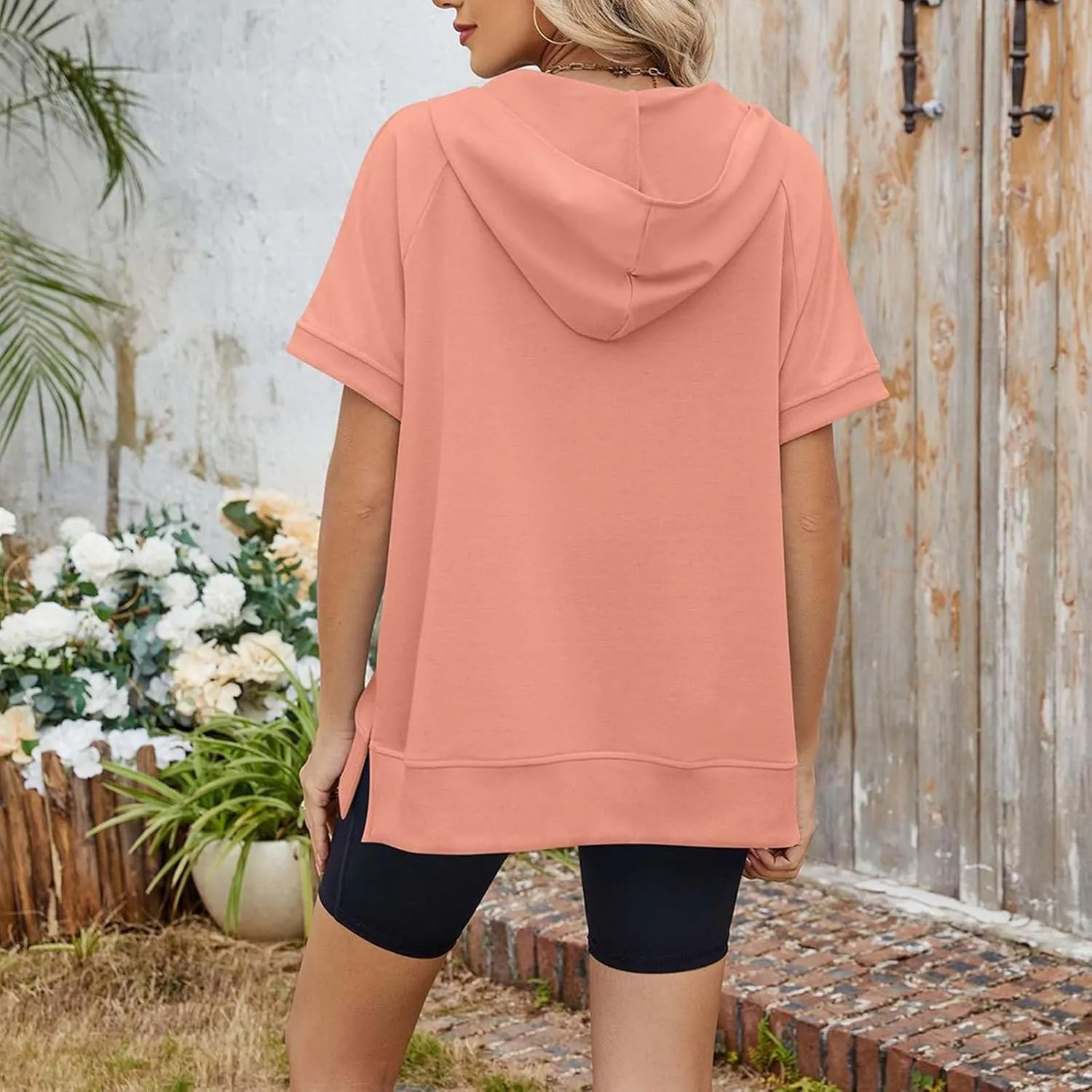 Womens Oversized Half Zip Hoodies Short Sleeve Casual Sweatshirts Pullover Tops with Pockets Loose 2025 Clothes