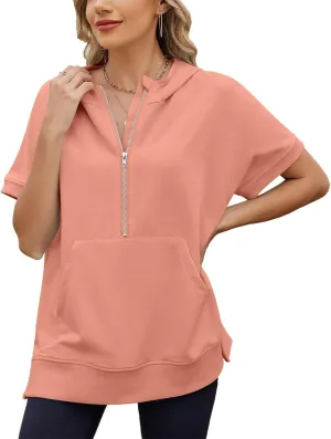 Womens Oversized Half Zip Hoodies Short Sleeve Casual Sweatshirts Pullover Tops with Pockets Loose 2025 Clothes