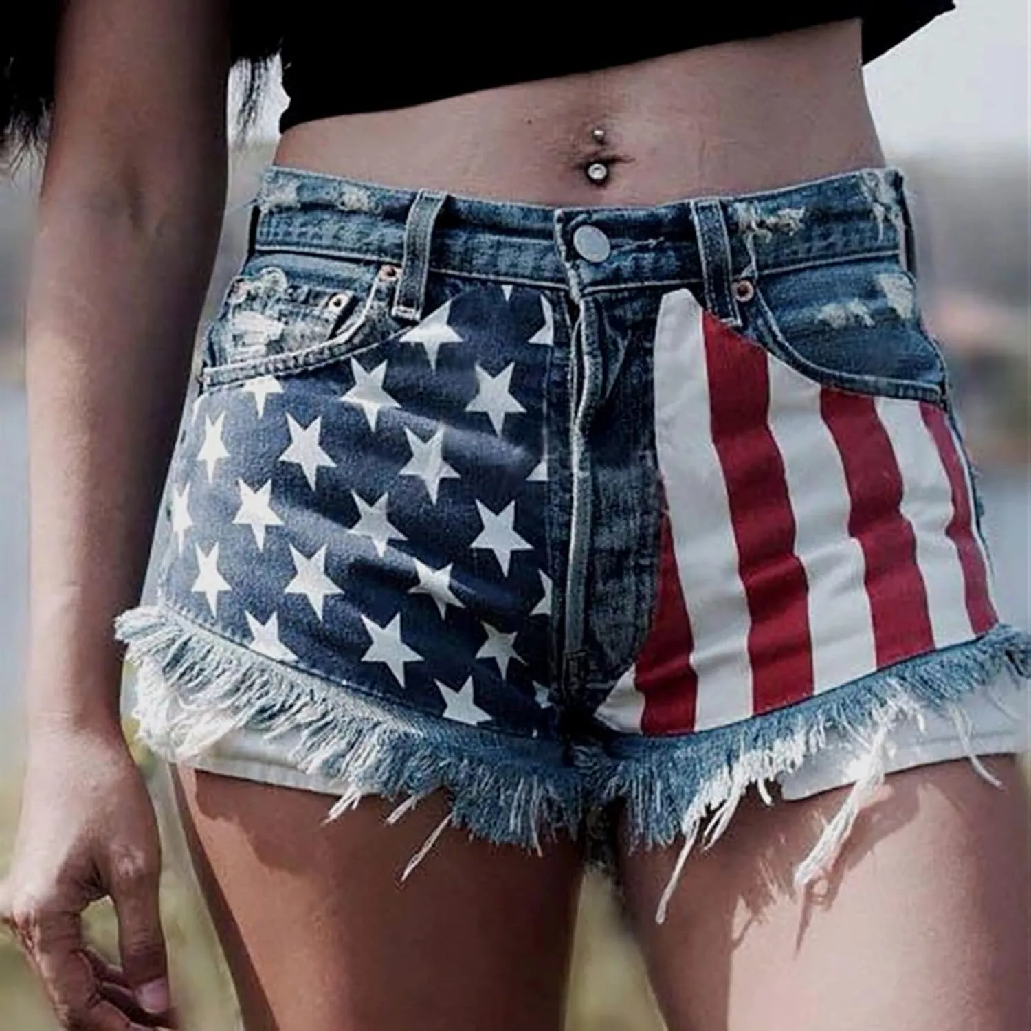 Women's Ripped American Flag Printed Denim Shorts High Waisted Frayed Raw Hem Casual Jeans Booty Button Shorts