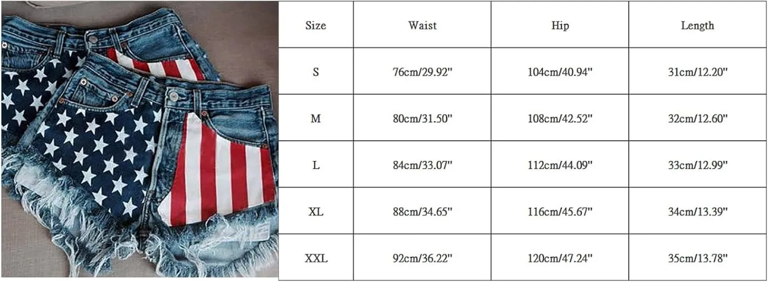 Women's Ripped American Flag Printed Denim Shorts High Waisted Frayed Raw Hem Casual Jeans Booty Button Shorts