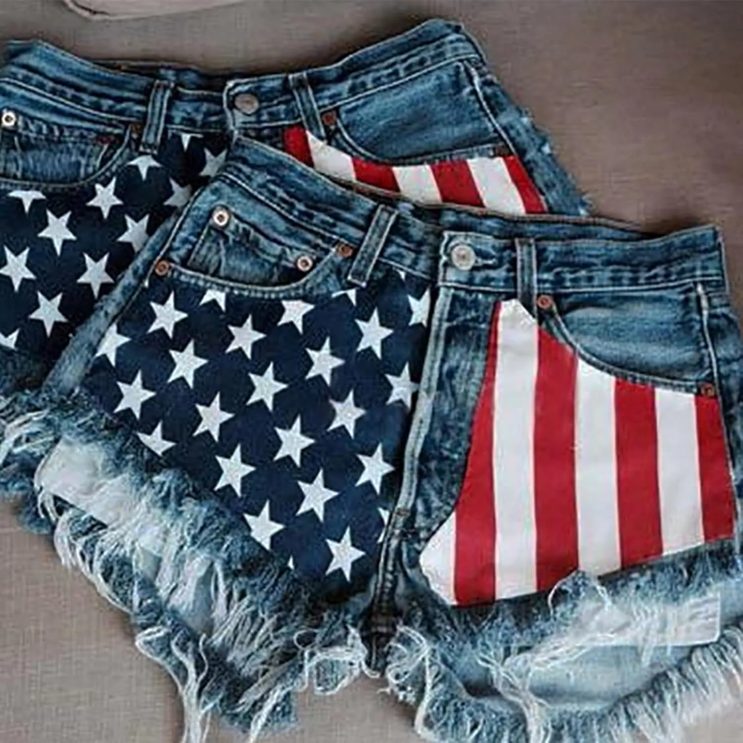 Women's Ripped American Flag Printed Denim Shorts High Waisted Frayed Raw Hem Casual Jeans Booty Button Shorts