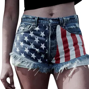 Women's Ripped American Flag Printed Denim Shorts High Waisted Frayed Raw Hem Casual Jeans Booty Button Shorts
