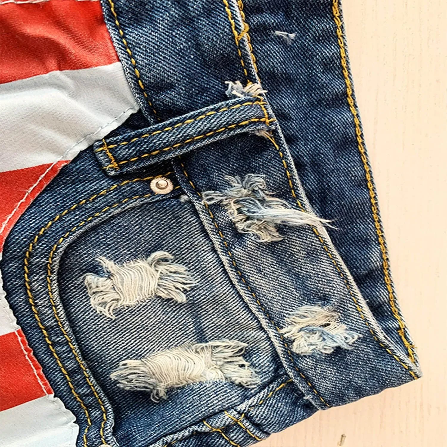 Women's Ripped American Flag Printed Denim Shorts High Waisted Frayed Raw Hem Casual Jeans Booty Button Shorts