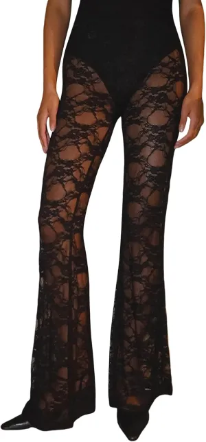 Women's Sheer Lace Flare Pants Sexy See Through High Waist Leggings Gothic Floral Bell-Bottoms Trousers Streetwear