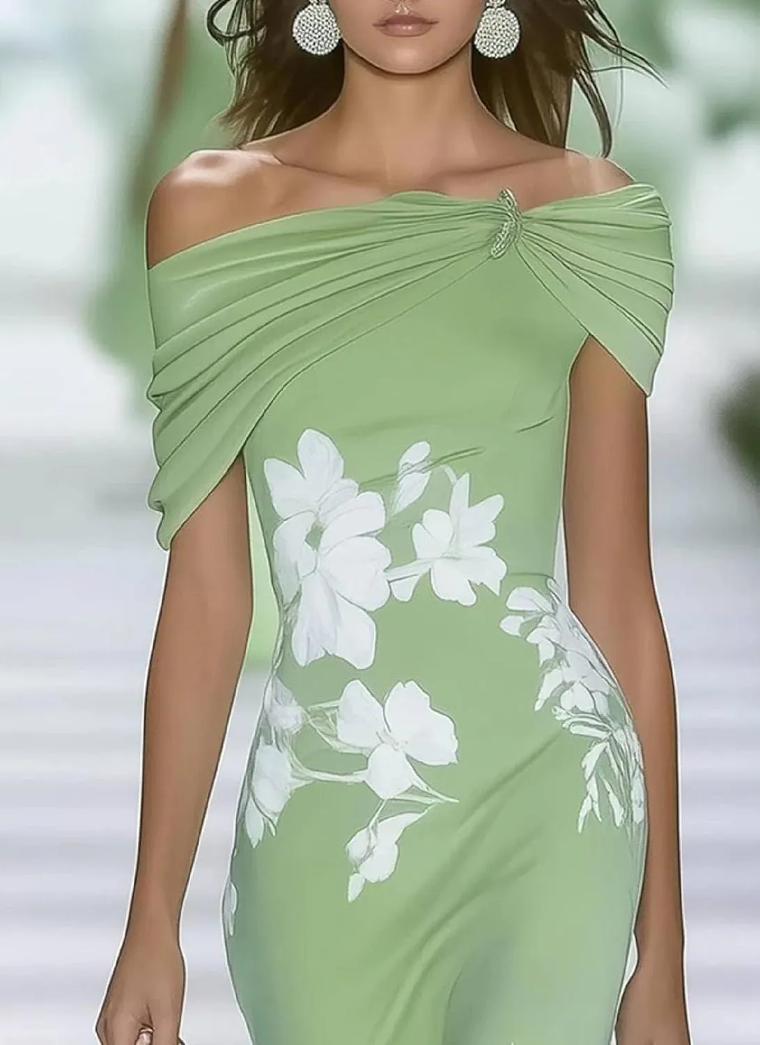 Women's Summer 2025 Fresh Short Sleeve Strapless Floral Print Green Maxi Dress Fashion A-Line Going Out Dresses