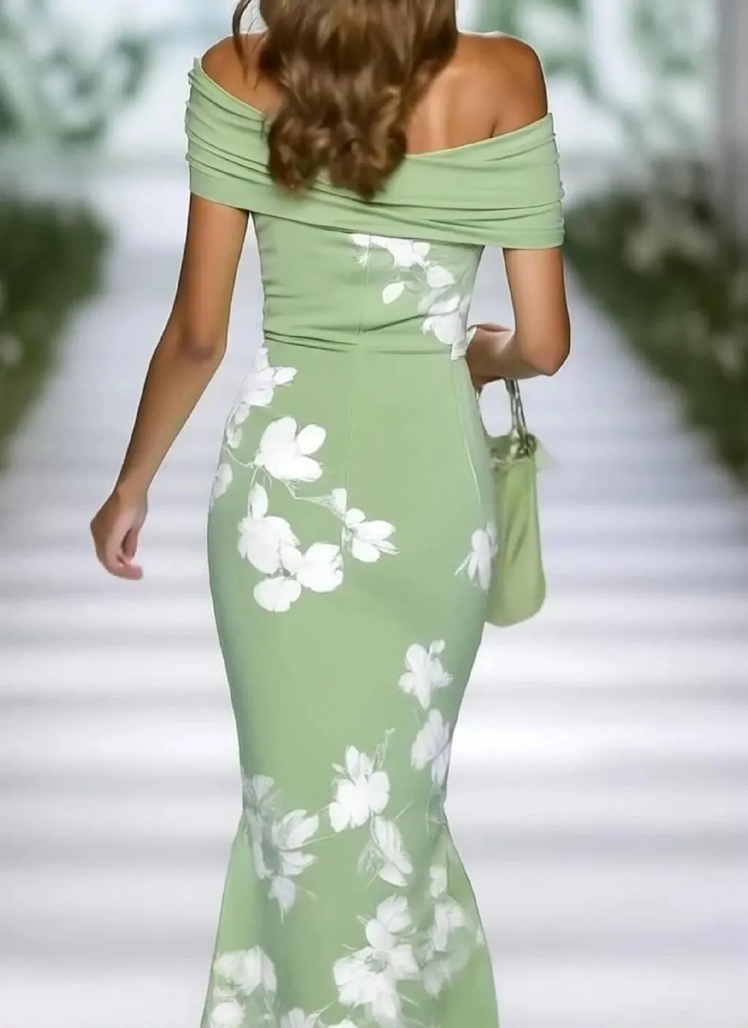 Women's Summer 2025 Fresh Short Sleeve Strapless Floral Print Green Maxi Dress Fashion A-Line Going Out Dresses