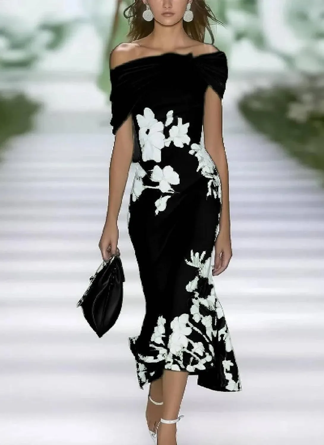 Women's Summer 2025 Fresh Short Sleeve Strapless Floral Print Green Maxi Dress Fashion A-Line Going Out Dresses