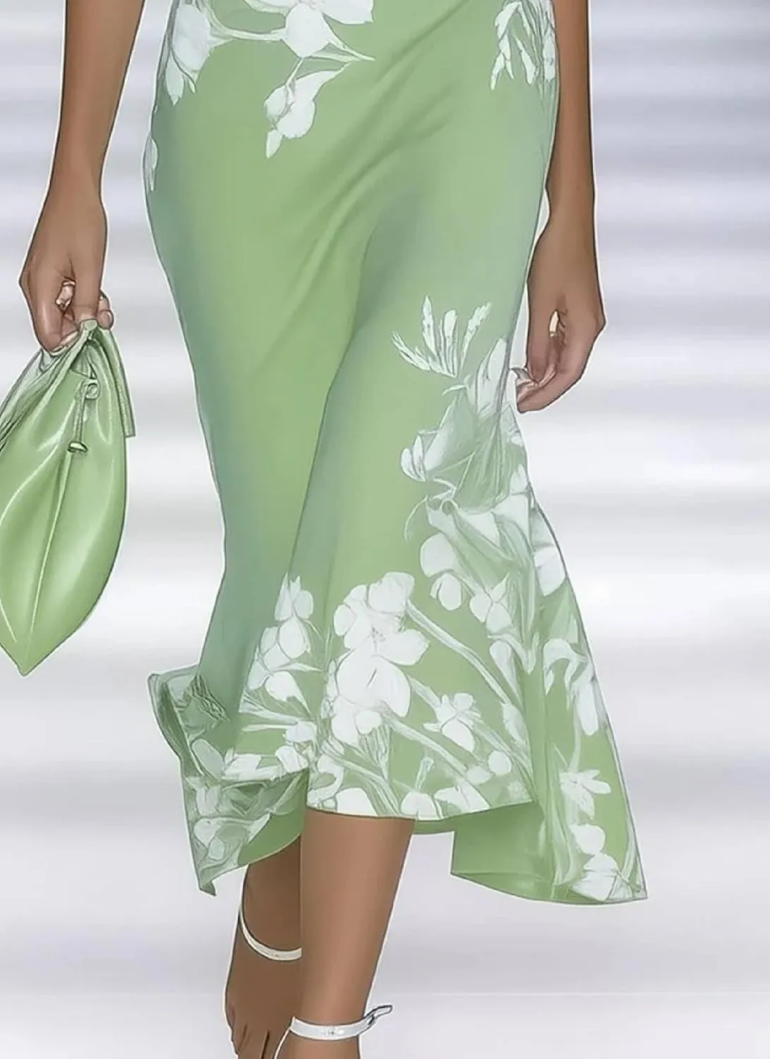 Women's Summer 2025 Fresh Short Sleeve Strapless Floral Print Green Maxi Dress Fashion A-Line Going Out Dresses