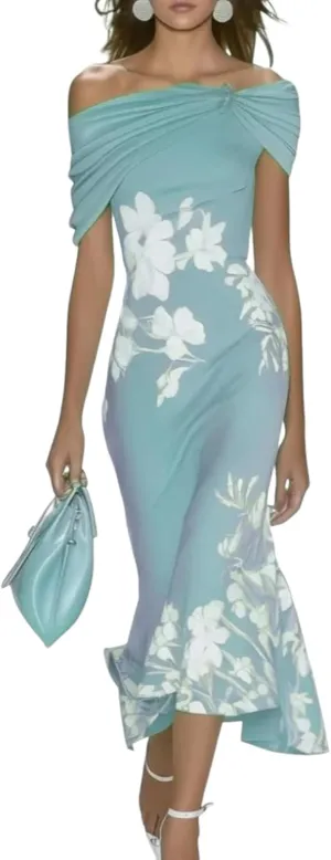 Women's Summer 2025 Fresh Short Sleeve Strapless Floral Print Green Maxi Dress Fashion A-Line Going Out Dresses