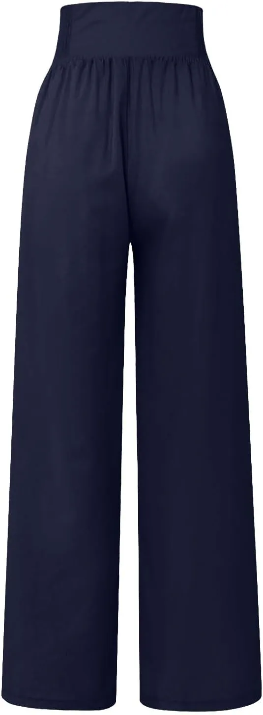 Women's Summer High Waisted Cotton and Linen Palazzo Pants Wide Leg Long Lounge Yoga Pant Trouser with Pocket