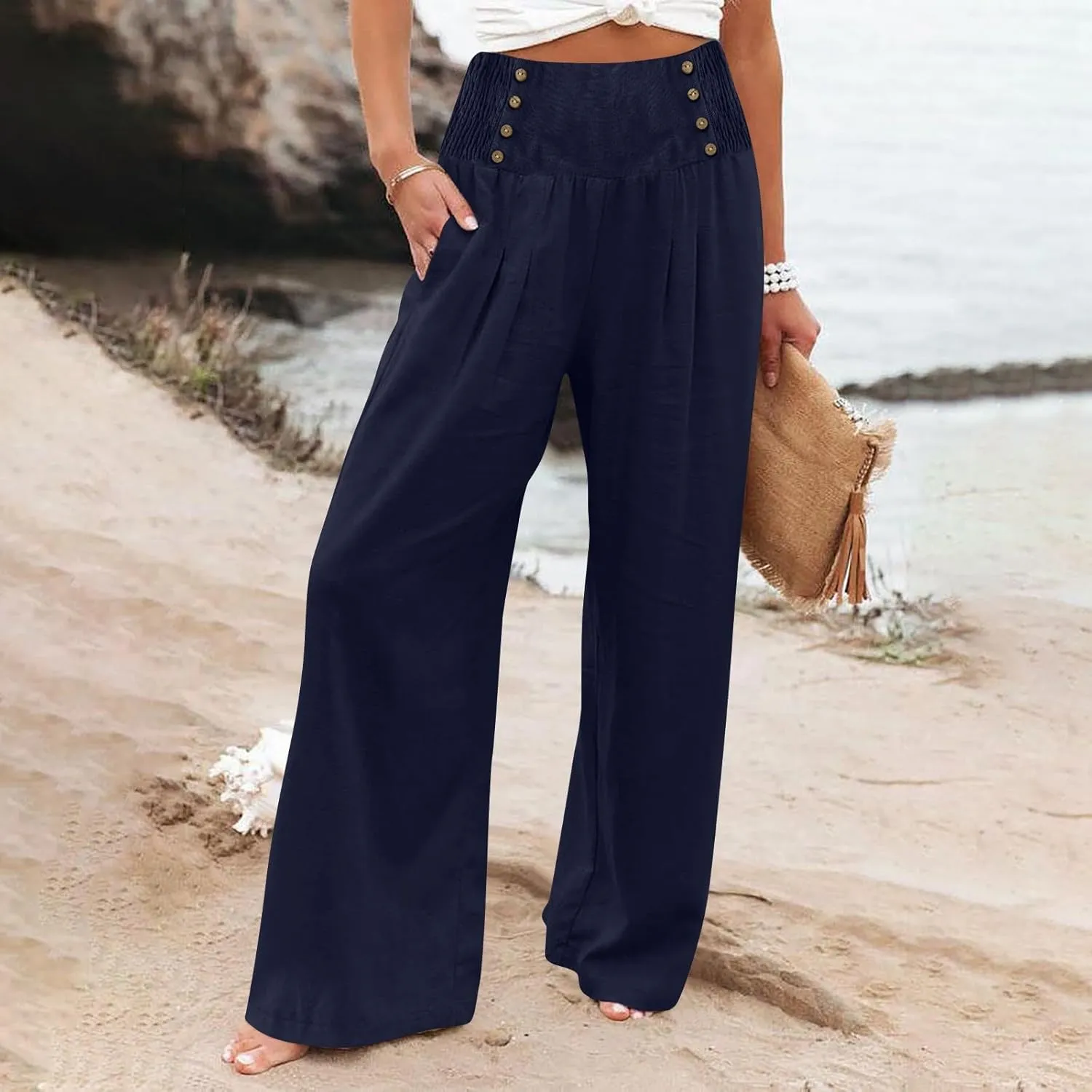 Women's Summer High Waisted Cotton and Linen Palazzo Pants Wide Leg Long Lounge Yoga Pant Trouser with Pocket
