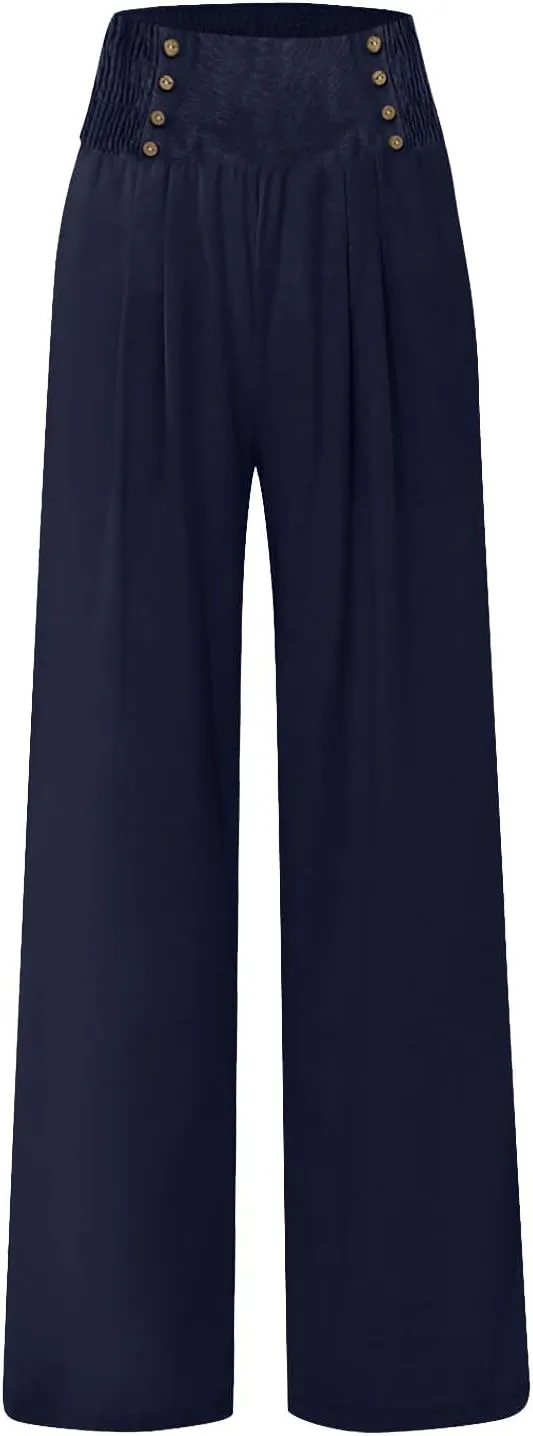 Women's Summer High Waisted Cotton and Linen Palazzo Pants Wide Leg Long Lounge Yoga Pant Trouser with Pocket