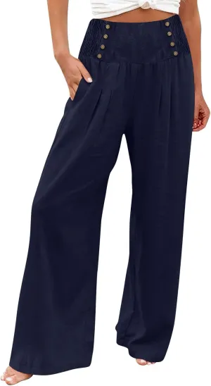 Women's Summer High Waisted Cotton and Linen Palazzo Pants Wide Leg Long Lounge Yoga Pant Trouser with Pocket