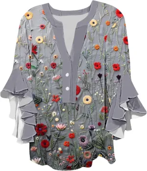 Womens Tops 3/4 Length Sleeves Floral Shirts Flowy Ruffle Sleeve Tops Half Button Down Shirt Summer V Neck Blouse