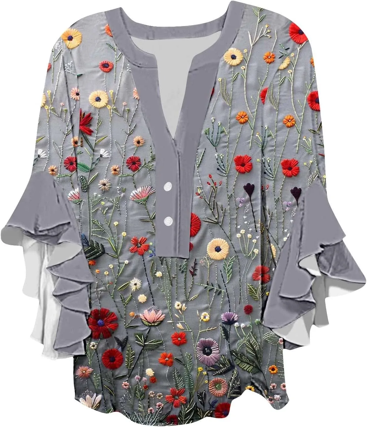 Womens Tops 3/4 Length Sleeves Floral Shirts Flowy Ruffle Sleeve Tops Half Button Down Shirt Summer V Neck Blouse