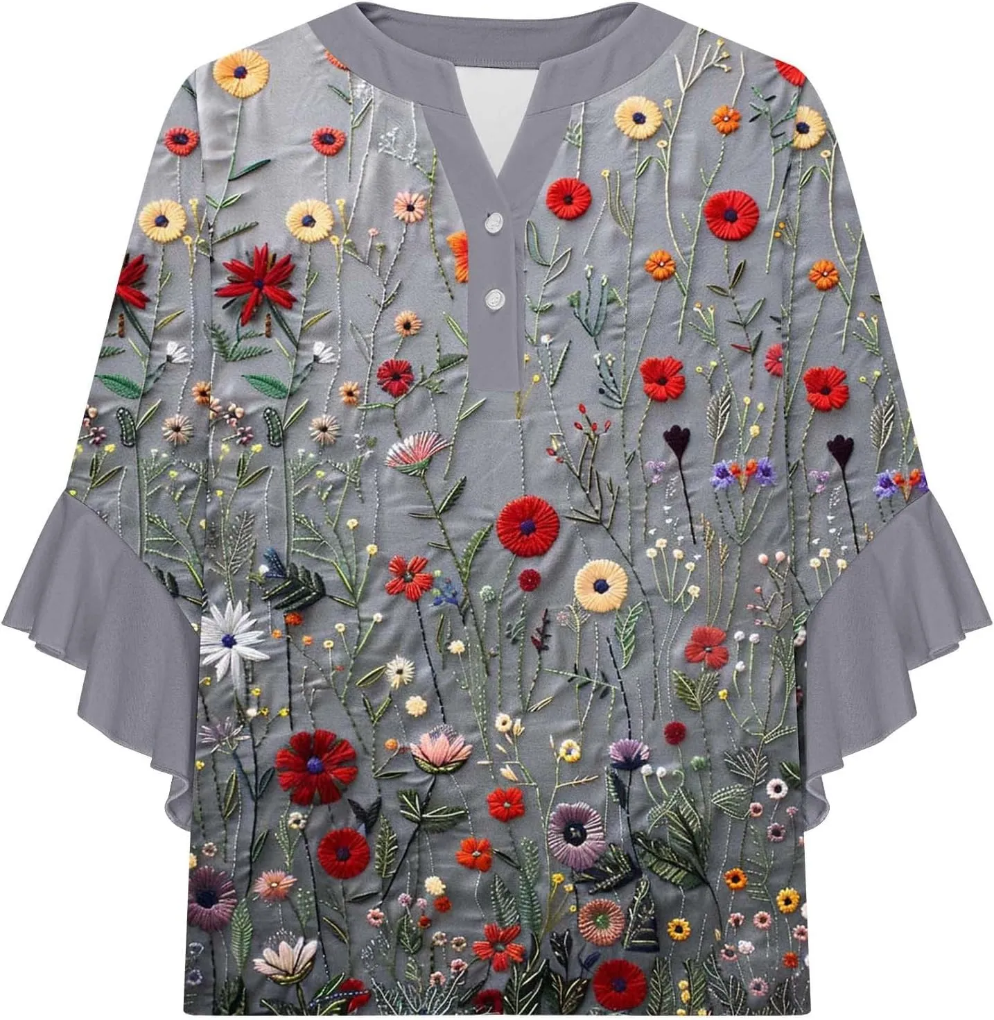 Womens Tops 3/4 Length Sleeves Floral Shirts Flowy Ruffle Sleeve Tops Half Button Down Shirt Summer V Neck Blouse
