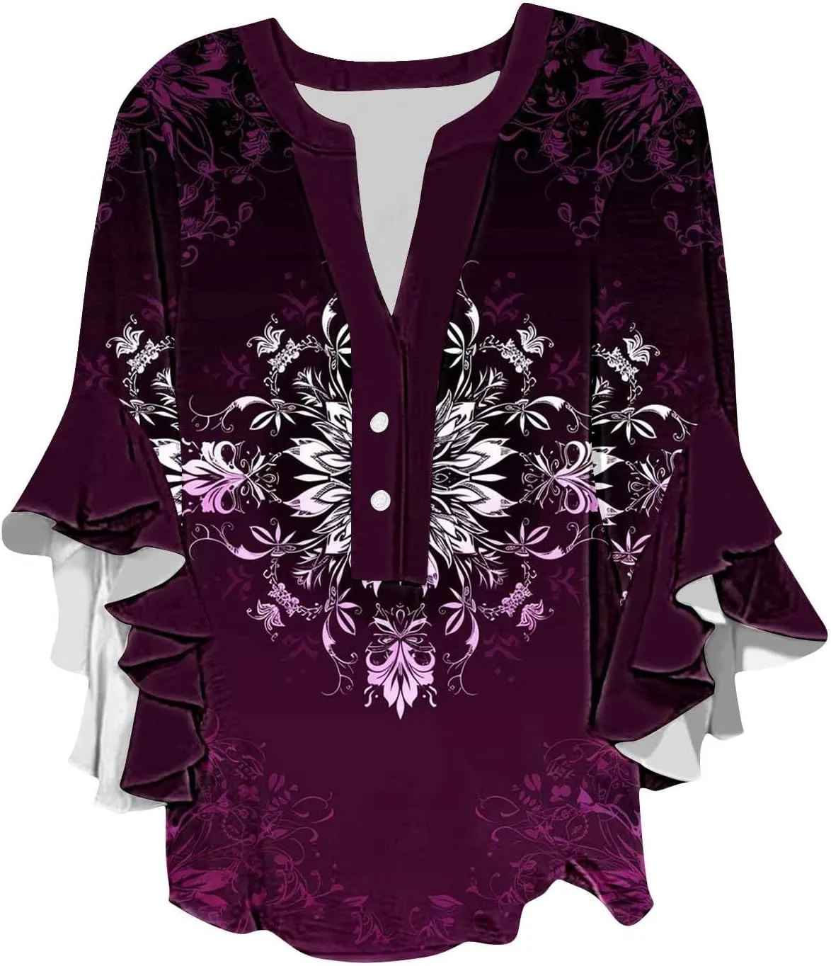 Womens Tops 3/4 Length Sleeves Floral Shirts Flowy Ruffle Sleeve Tops Half Button Down Shirt Summer V Neck Blouse