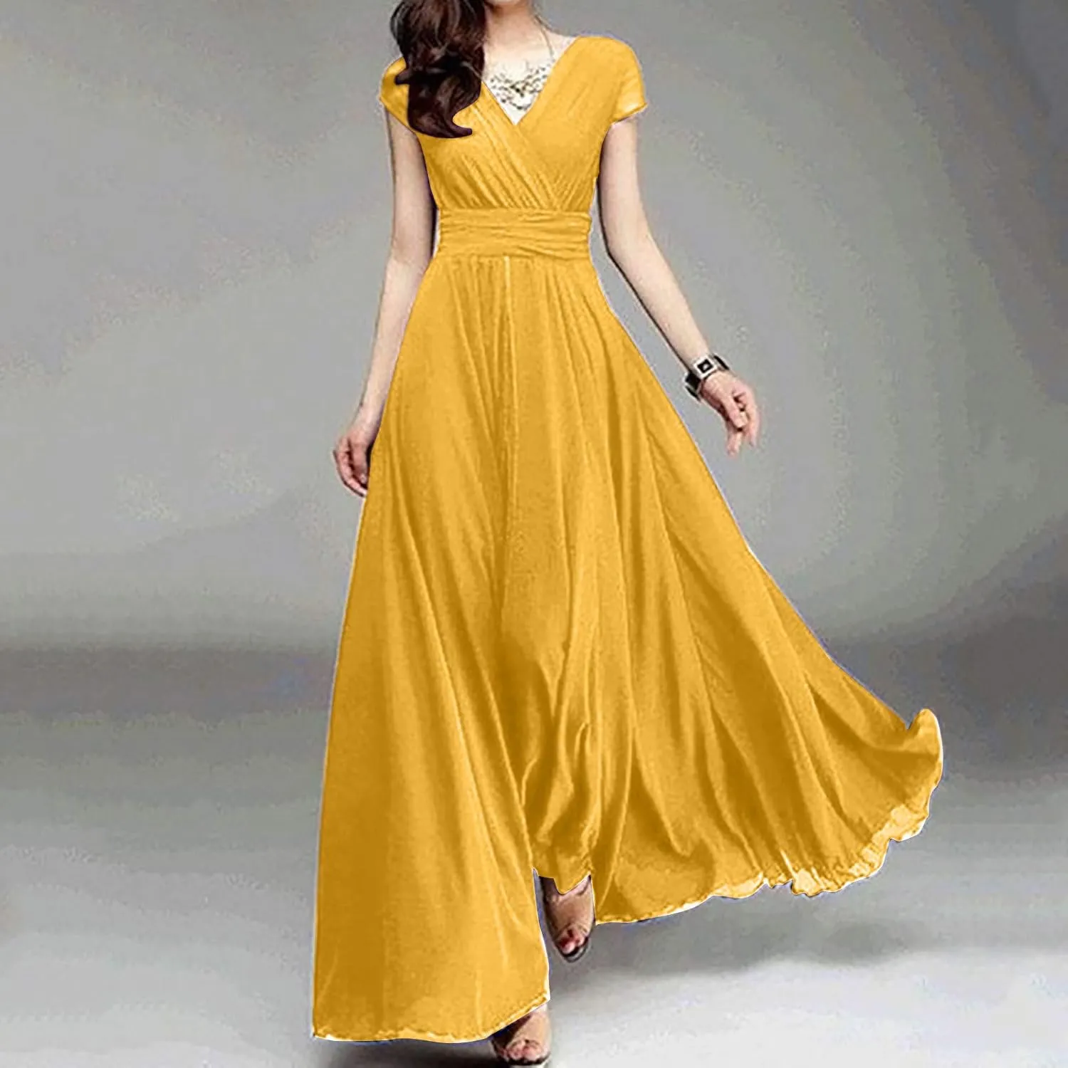 Women's V-Neck Solid Color Short Sleeve Chiffon Waist Closing Evening Dress Misses Long Temperament Fresh Dresses