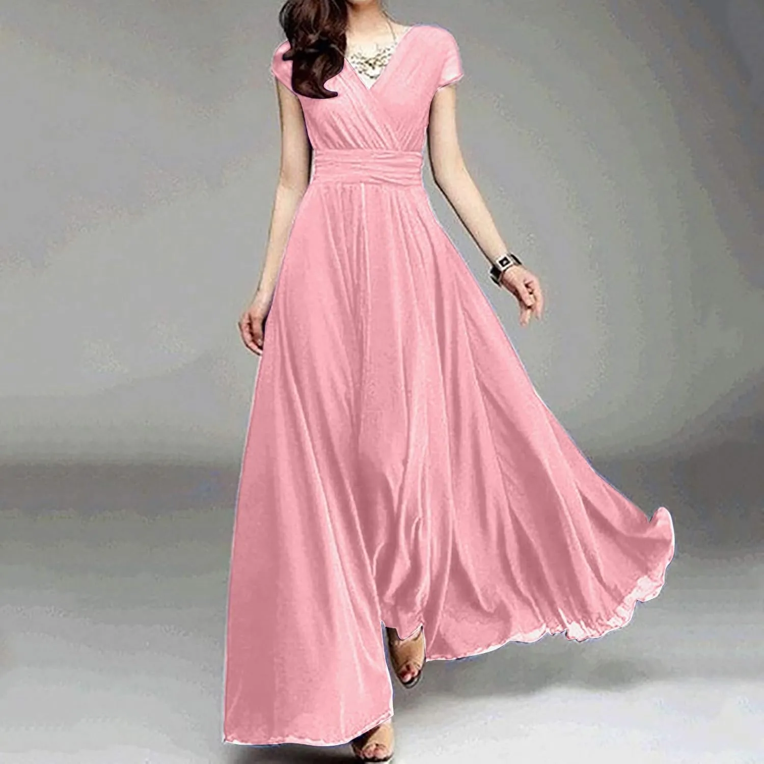 Women's V-Neck Solid Color Short Sleeve Chiffon Waist Closing Evening Dress Misses Long Temperament Fresh Dresses