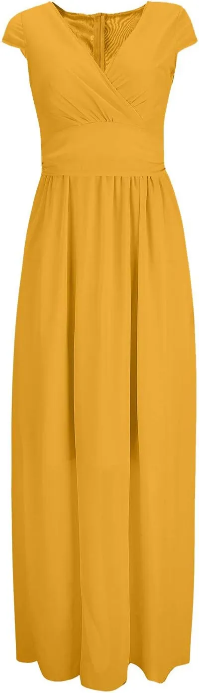 Women's V-Neck Solid Color Short Sleeve Chiffon Waist Closing Evening Dress Misses Long Temperament Fresh Dresses
