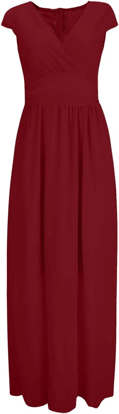 Women's V-Neck Solid Color Short Sleeve Chiffon Waist Closing Evening Dress Misses Long Temperament Fresh Dresses